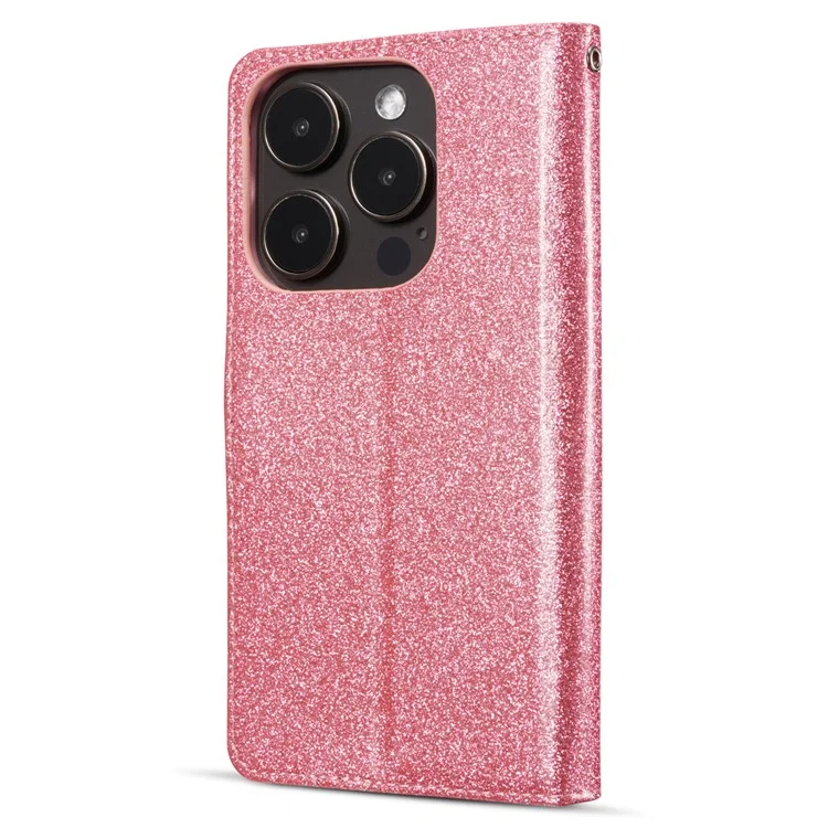 Funda de cuero con brillo para iPhone 13 Pro Max con cartera, soporte y tapa con corazón de diamante - Rosa