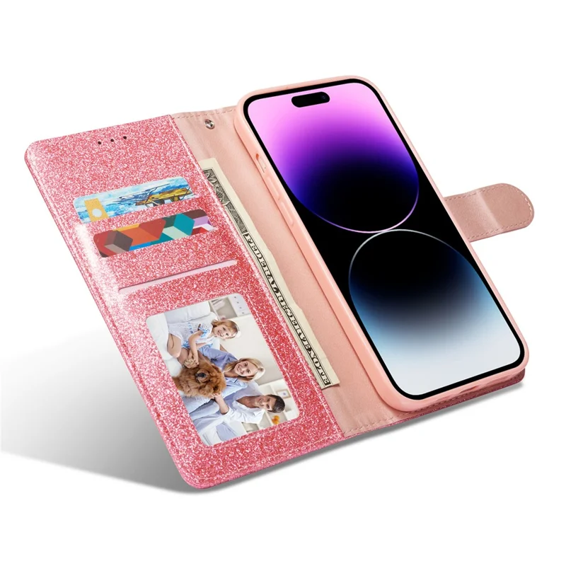 For iPhone 15 Pro Glitter Leather Case with Diamond Love Heart Wallet Stand Flip Cover - Pink