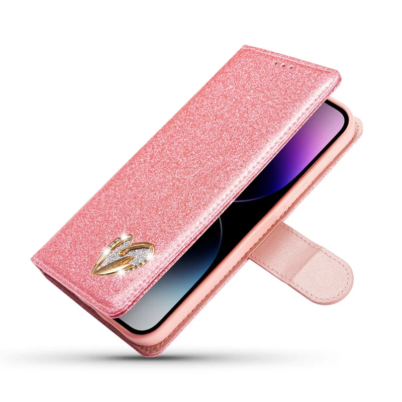 For iPhone 15 Pro Glitter Leather Case with Diamond Love Heart Wallet Stand Flip Cover - Pink