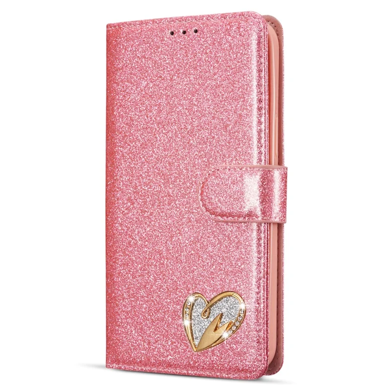 For iPhone 15 Pro Glitter Leather Case with Diamond Love Heart Wallet Stand Flip Cover - Pink