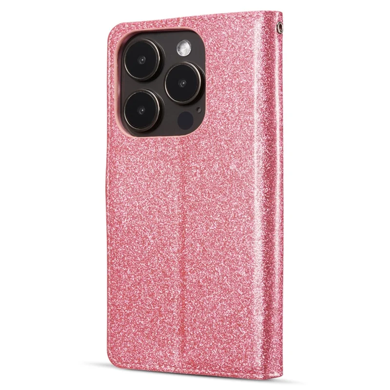 For iPhone 15 Pro Glitter Leather Case with Diamond Love Heart Wallet Stand Flip Cover - Pink