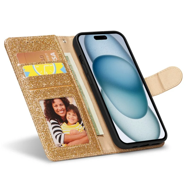Funda de cuero con purpurina para iPhone 15 Plus, con cartera, soporte y tapa con corazón de diamante - Dorado