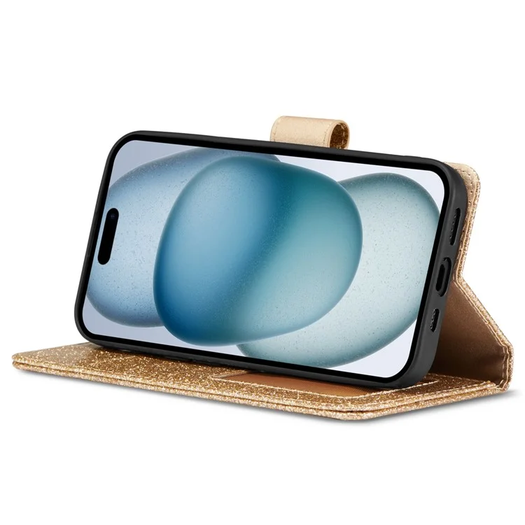 Funda de cuero con purpurina para iPhone 15 Plus, con cartera, soporte y tapa con corazón de diamante - Dorado