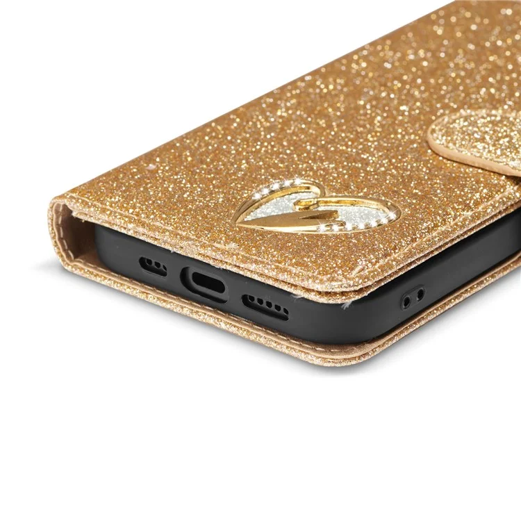 Funda de cuero con purpurina para iPhone 15 Plus, con cartera, soporte y tapa con corazón de diamante - Dorado