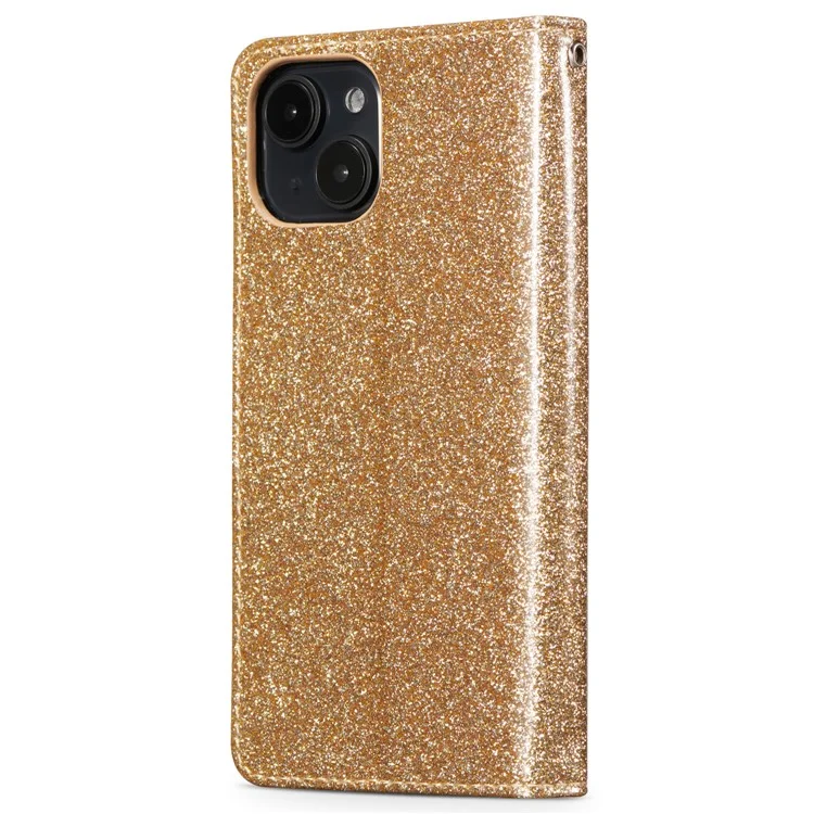Funda de cuero con purpurina para iPhone 15 Plus, con cartera, soporte y tapa con corazón de diamante - Dorado