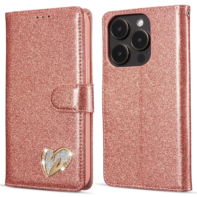 For iPhone 15 Pro Max Glitter Leather Case with Diamond Love Heart Wallet Stand Flip Cover - Rose Gold