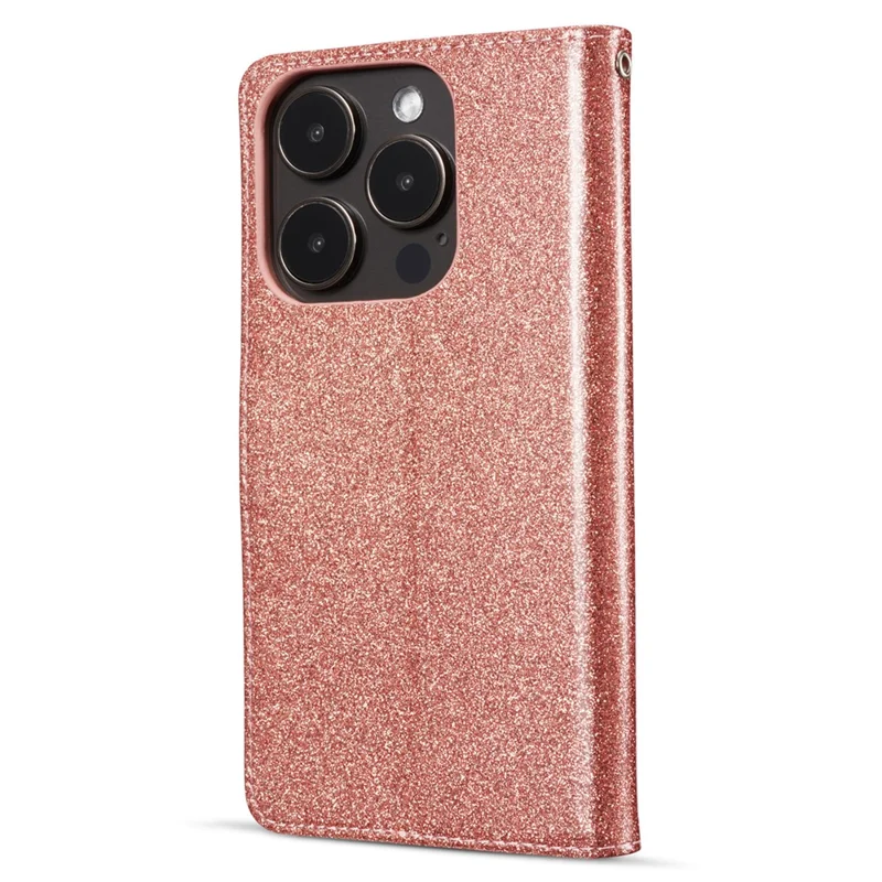 For iPhone 15 Pro Max Glitter Leather Case with Diamond Love Heart Wallet Stand Flip Cover - Rose Gold