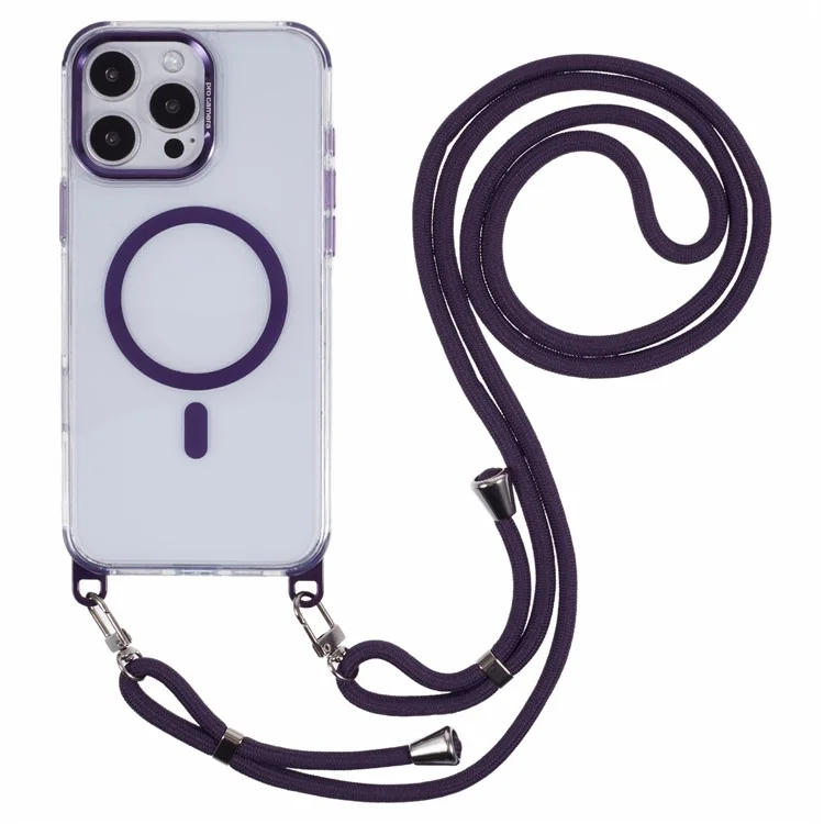 Funda transparente compatible con iPhone 16 Pro Max y MagSafe, a prueba de golpes, de PC+TPU, con cordón largo - Morado