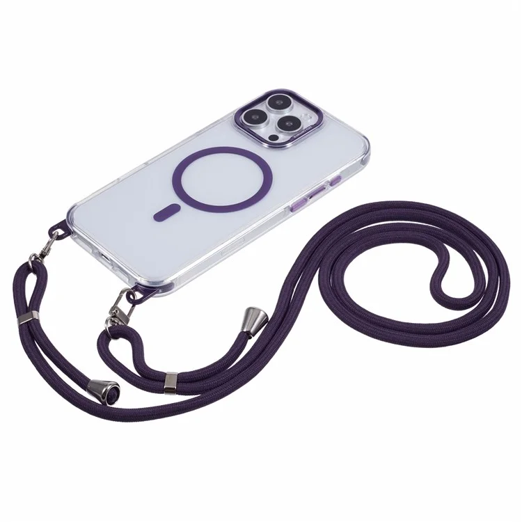 Funda transparente compatible con iPhone 16 Pro Max y MagSafe, a prueba de golpes, de PC+TPU, con cordón largo - Morado