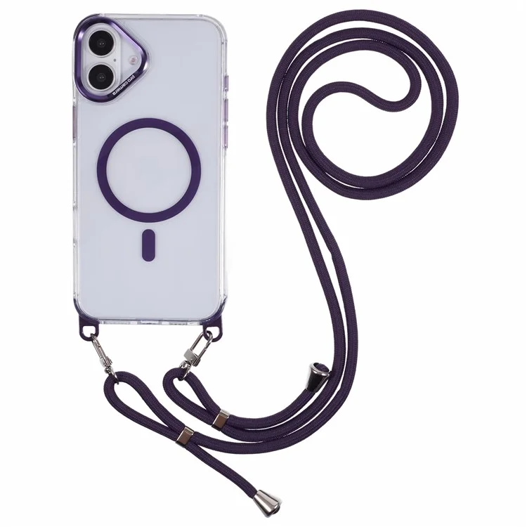 For iPhone 16 Plus Clear Case Compatible with MagSafe Shockproof PC+TPU Phone Cover with Long Lanyard - Purple