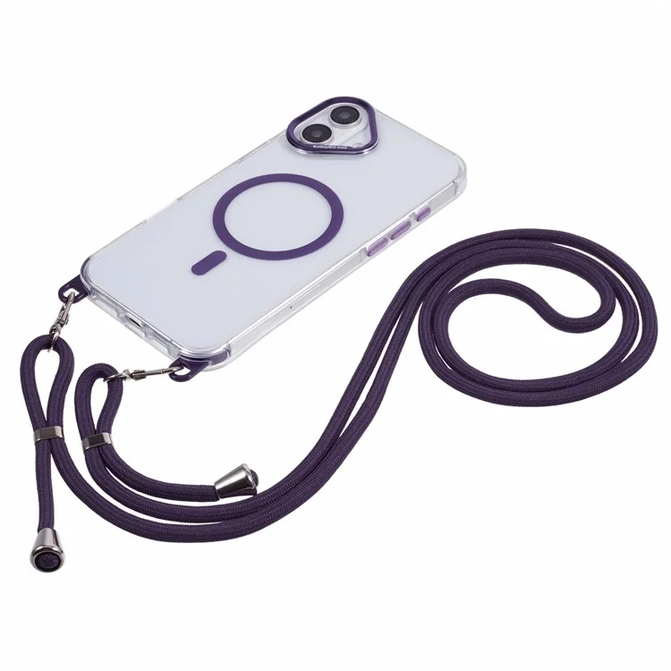 For iPhone 16 Plus Clear Case Compatible with MagSafe Shockproof PC+TPU Phone Cover with Long Lanyard - Purple