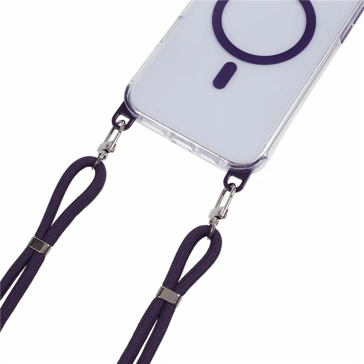For iPhone 16 Plus Clear Case Compatible with MagSafe Shockproof PC+TPU Phone Cover with Long Lanyard - Purple