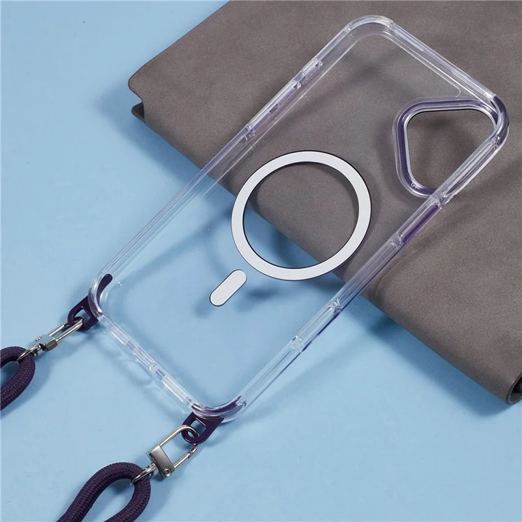 For iPhone 16 Plus Clear Case Compatible with MagSafe Shockproof PC+TPU Phone Cover with Long Lanyard - Purple