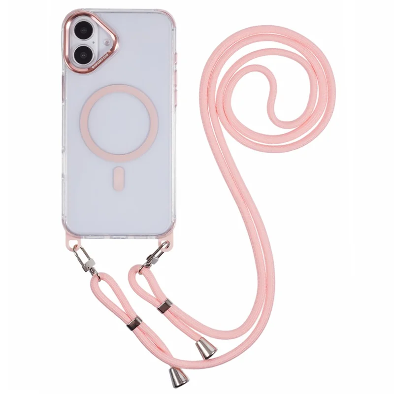 For iPhone 16 Plus Clear Case Compatible with MagSafe Shockproof PC+TPU Phone Cover with Long Lanyard - Pink