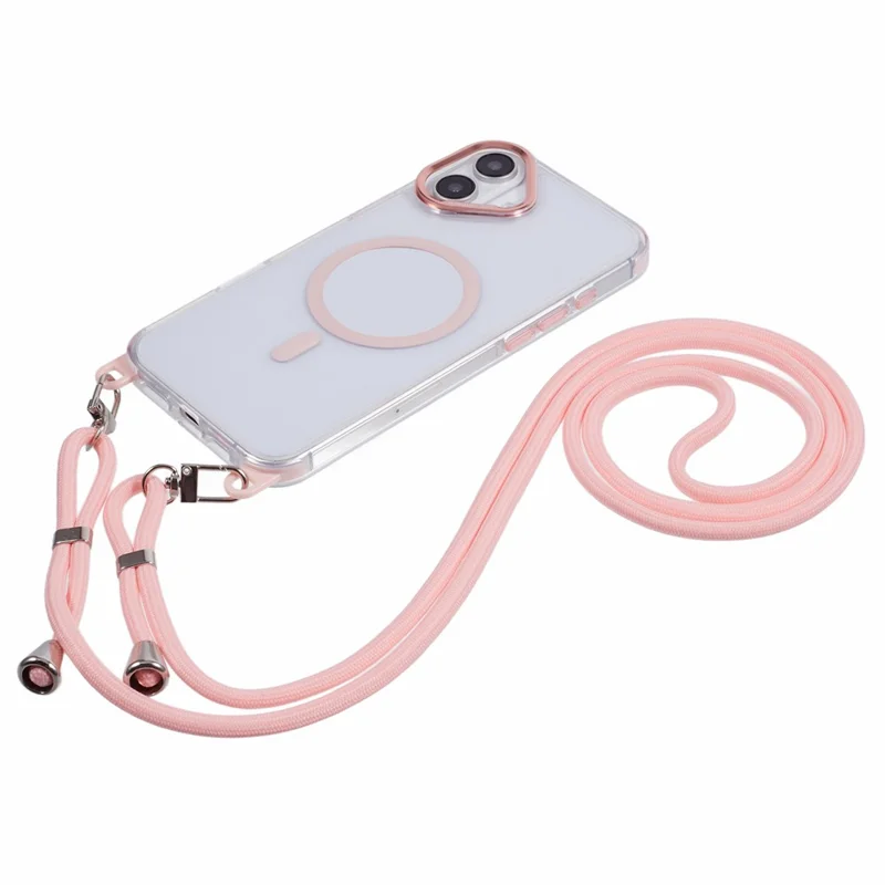 For iPhone 16 Plus Clear Case Compatible with MagSafe Shockproof PC+TPU Phone Cover with Long Lanyard - Pink