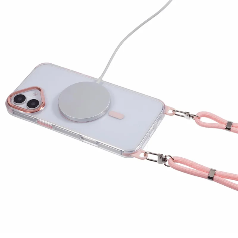 For iPhone 16 Plus Clear Case Compatible with MagSafe Shockproof PC+TPU Phone Cover with Long Lanyard - Pink