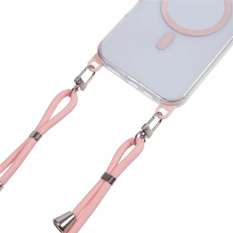 For iPhone 16 Plus Clear Case Compatible with MagSafe Shockproof PC+TPU Phone Cover with Long Lanyard - Pink
