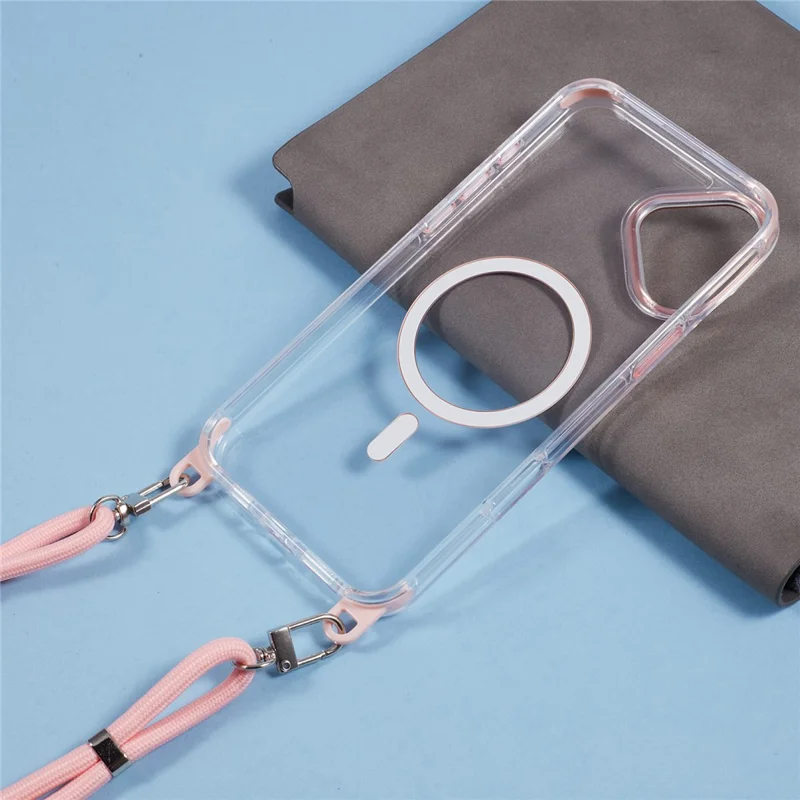 For iPhone 16 Plus Clear Case Compatible with MagSafe Shockproof PC+TPU Phone Cover with Long Lanyard - Pink