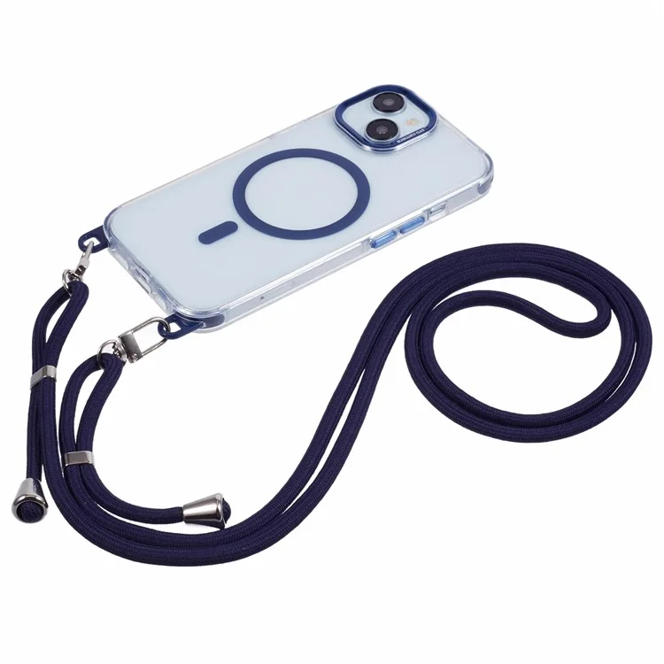 For iPhone 14 Clear Case Compatible with MagSafe Shockproof PC+TPU Phone Cover with Long Lanyard - Blue