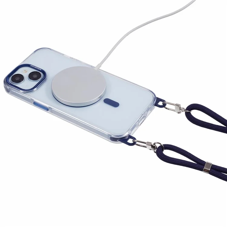For iPhone 14 Clear Case Compatible with MagSafe Shockproof PC+TPU Phone Cover with Long Lanyard - Blue
