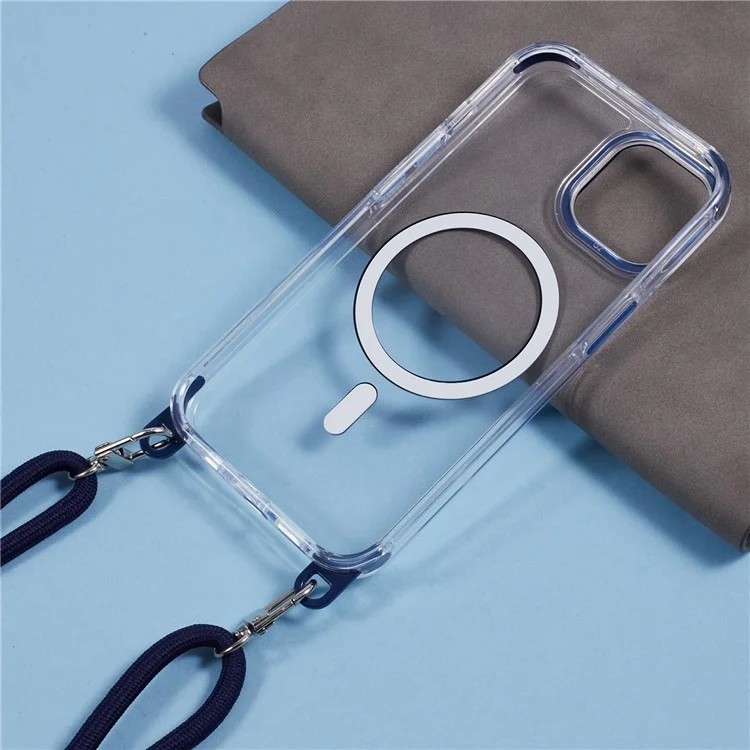For iPhone 14 Clear Case Compatible with MagSafe Shockproof PC+TPU Phone Cover with Long Lanyard - Blue