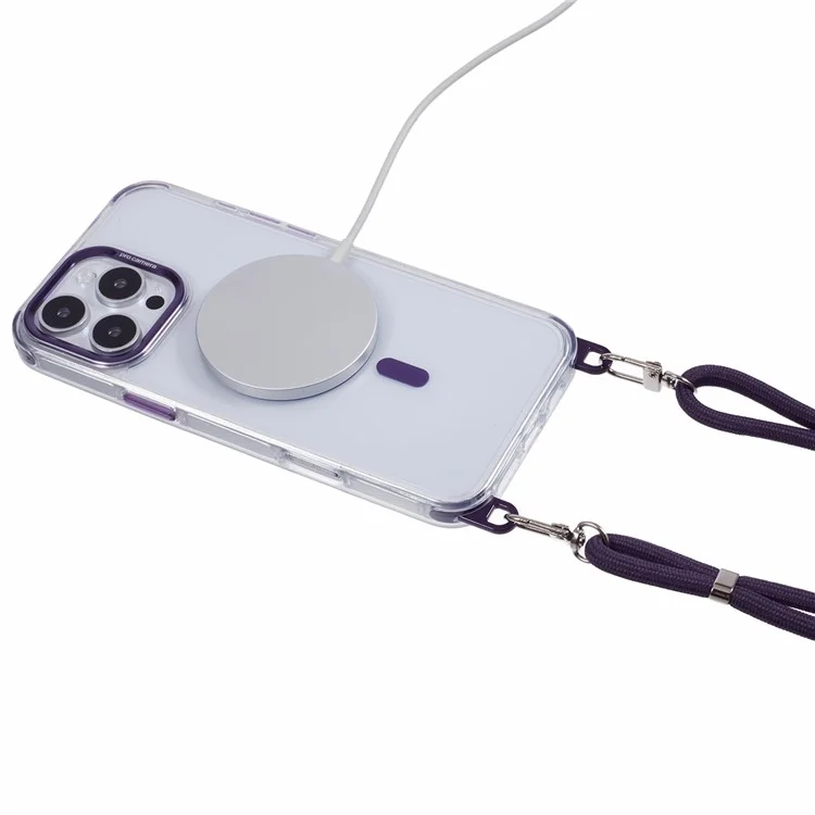 For iPhone 16 Pro Clear Case Compatible with MagSafe Shockproof PC+TPU Phone Cover with Long Lanyard - Purple