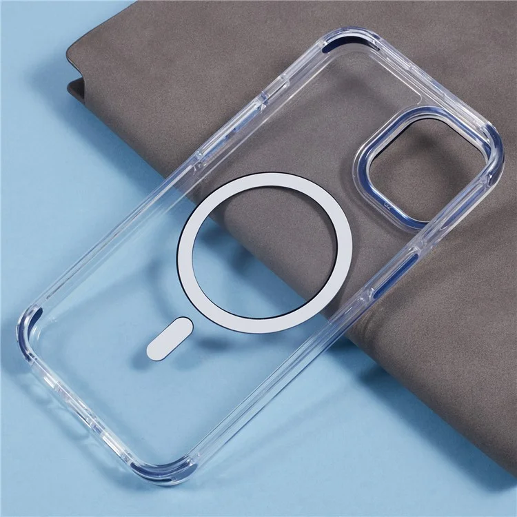 For iPhone 15 Clear Case Compatible with MagSafe Four Corners Anti-Drop PC+TPU Phone Cover - Blue