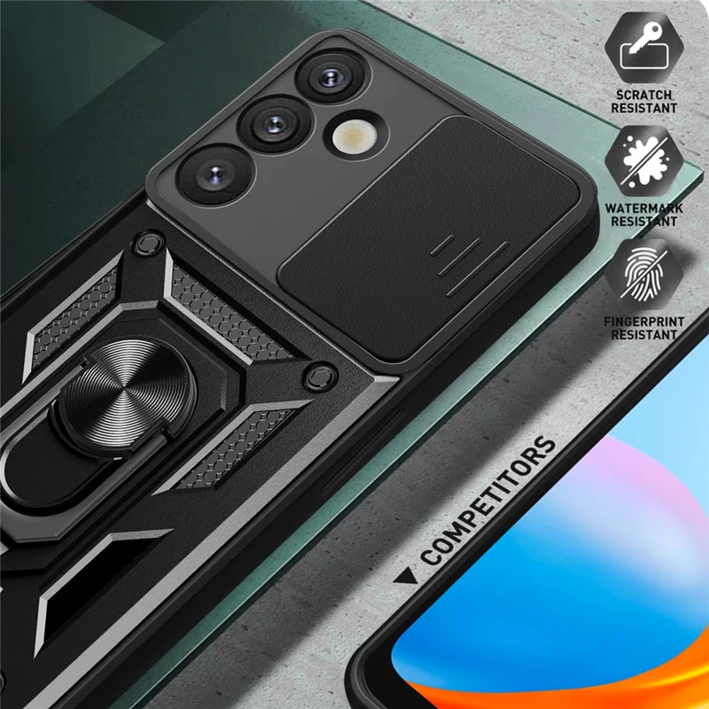 For Samsung Galaxy S25+ Case with Slide Camera Lid PC+TPU Kickstand Phone Cover - Black