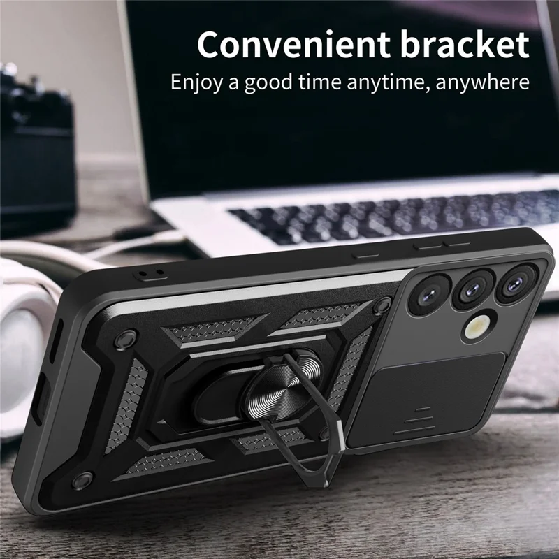 For Samsung Galaxy S25+ Case with Slide Camera Lid PC+TPU Kickstand Phone Cover - Black