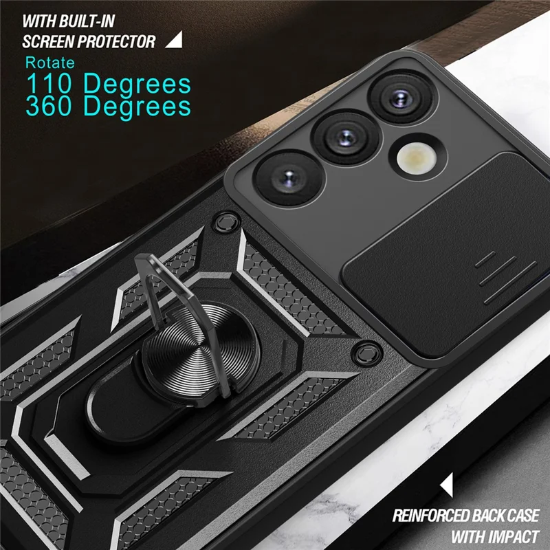 For Samsung Galaxy S25+ Case with Slide Camera Lid PC+TPU Kickstand Phone Cover - Black