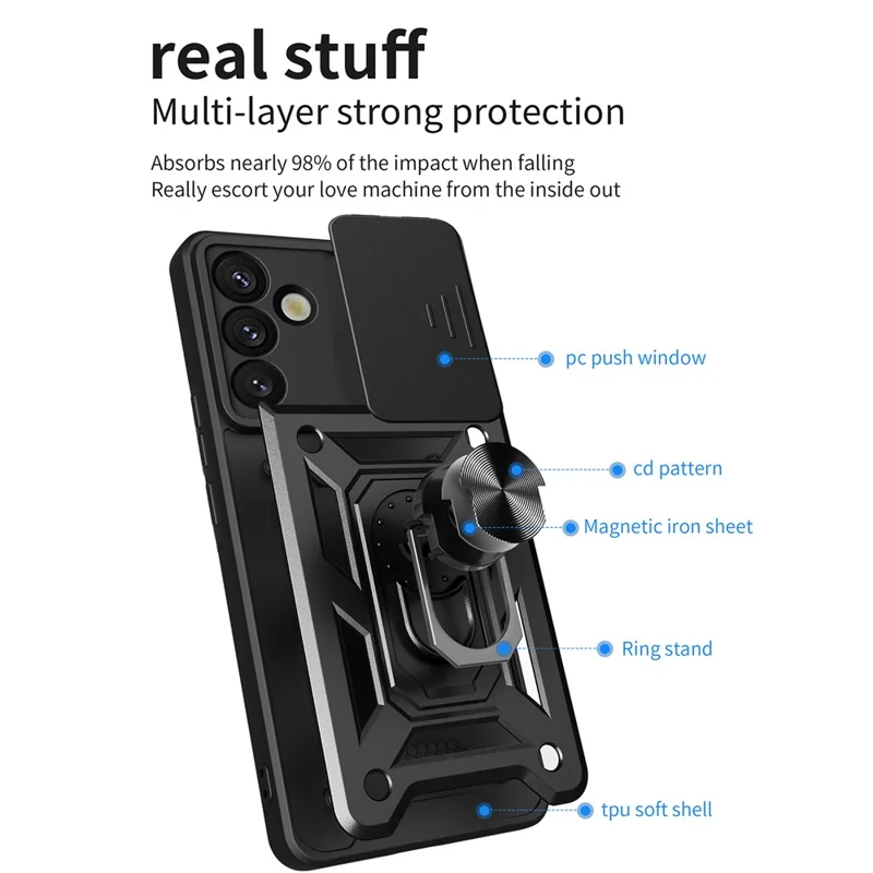 For Samsung Galaxy S25+ Case with Slide Camera Lid PC+TPU Kickstand Phone Cover - Black