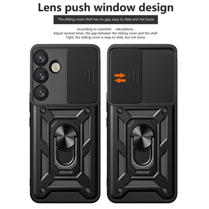For Samsung Galaxy S25+ Case with Slide Camera Lid PC+TPU Kickstand Phone Cover - Black