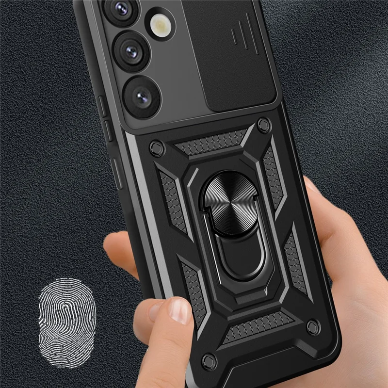 For Samsung Galaxy S25+ Case with Slide Camera Lid PC+TPU Kickstand Phone Cover - Black