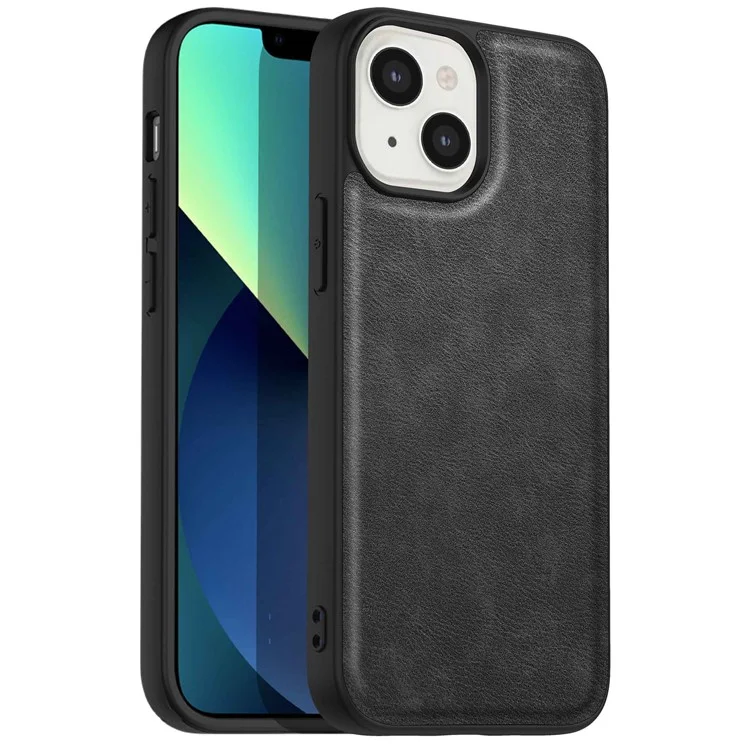 Mobile Phone Case for iPhone 13 6.1 inch, Retro PU Leather Coated TPU+PC Phone Protective Cover - Black