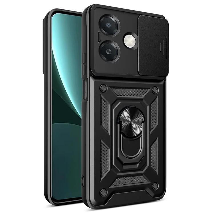 Para Oppo A3x 5G (Índia) / Capa A3x 4G com tampa deslizante da câmera PC+TPU com suporte para celular - Preto