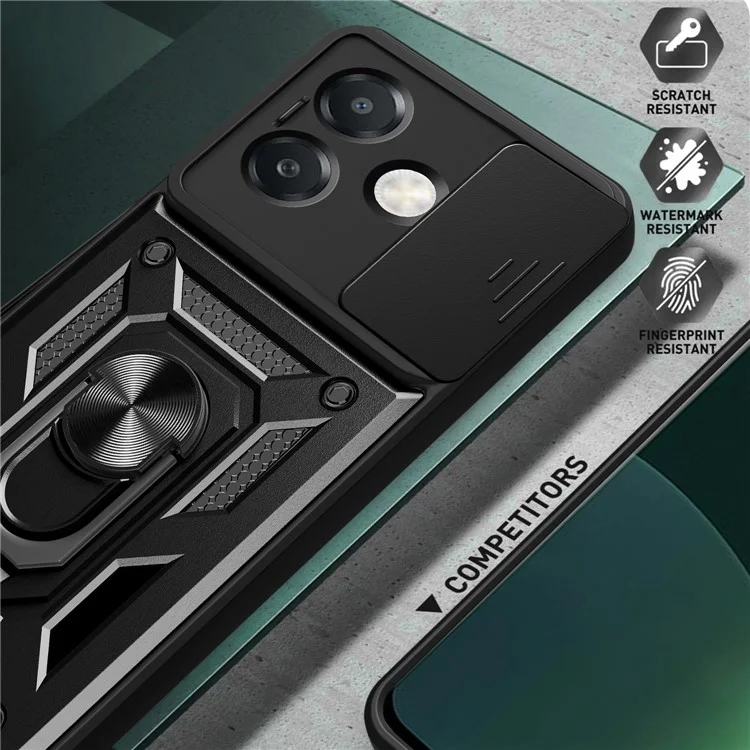 Para Oppo A3x 5G (Índia) / Capa A3x 4G com tampa deslizante da câmera PC+TPU com suporte para celular - Preto