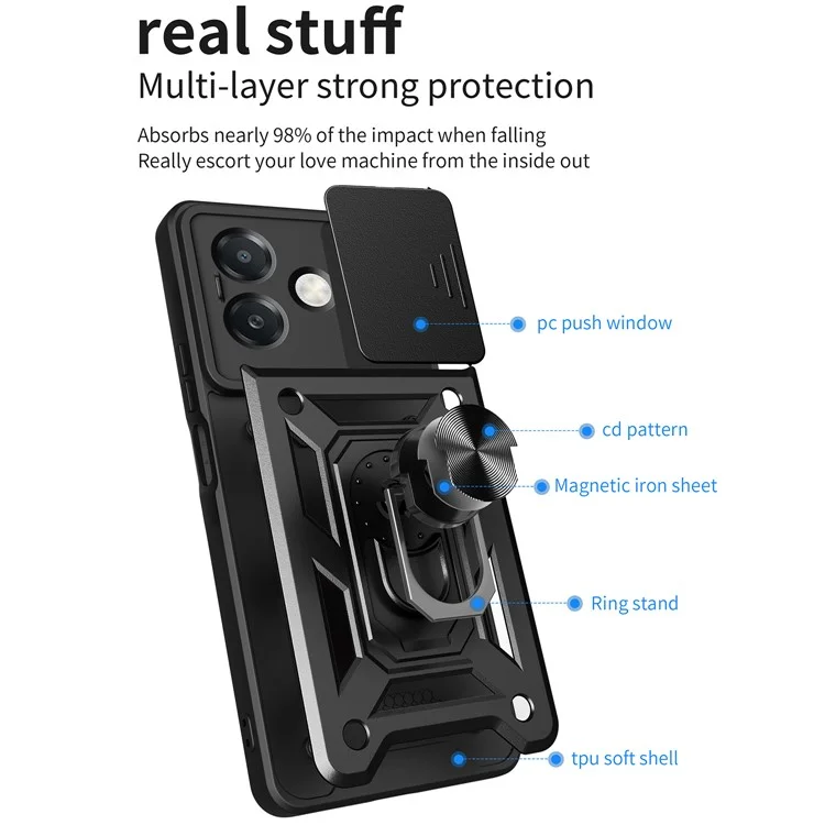 Para Oppo A3x 5G (Índia) / Capa A3x 4G com tampa deslizante da câmera PC+TPU com suporte para celular - Preto