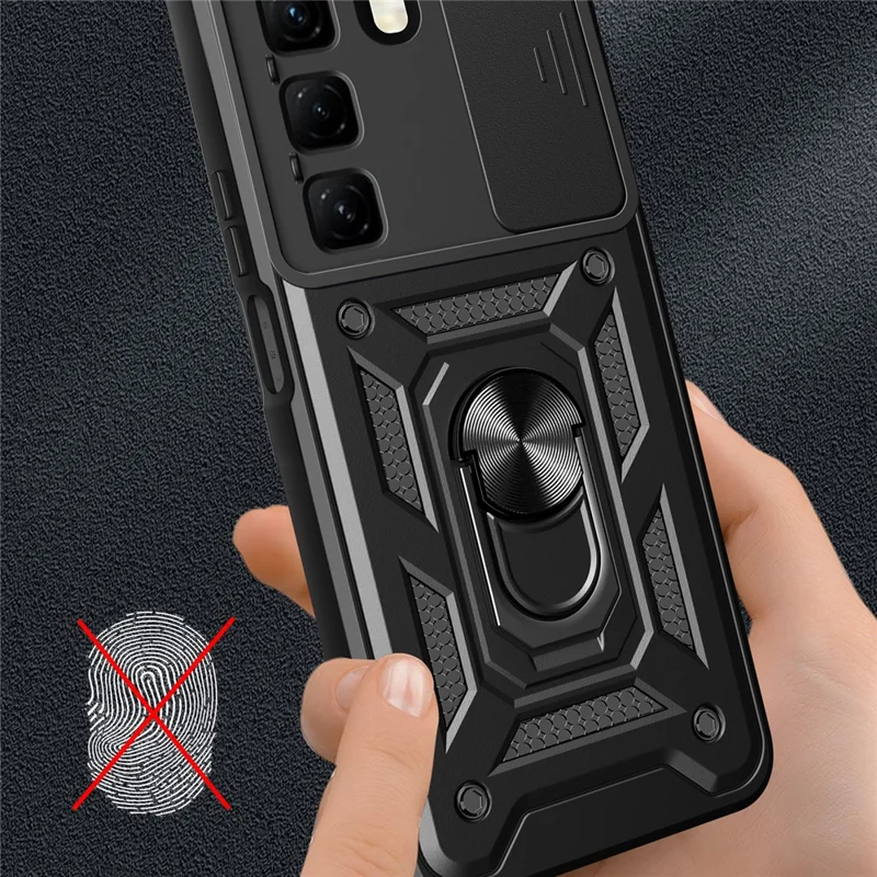 For Infinix Hot 50 4G Case with Slide Camera Lid PC+TPU Kickstand Phone Cover - Black