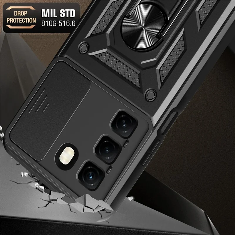 For Infinix Hot 50 4G Case with Slide Camera Lid PC+TPU Kickstand Phone Cover - Silver