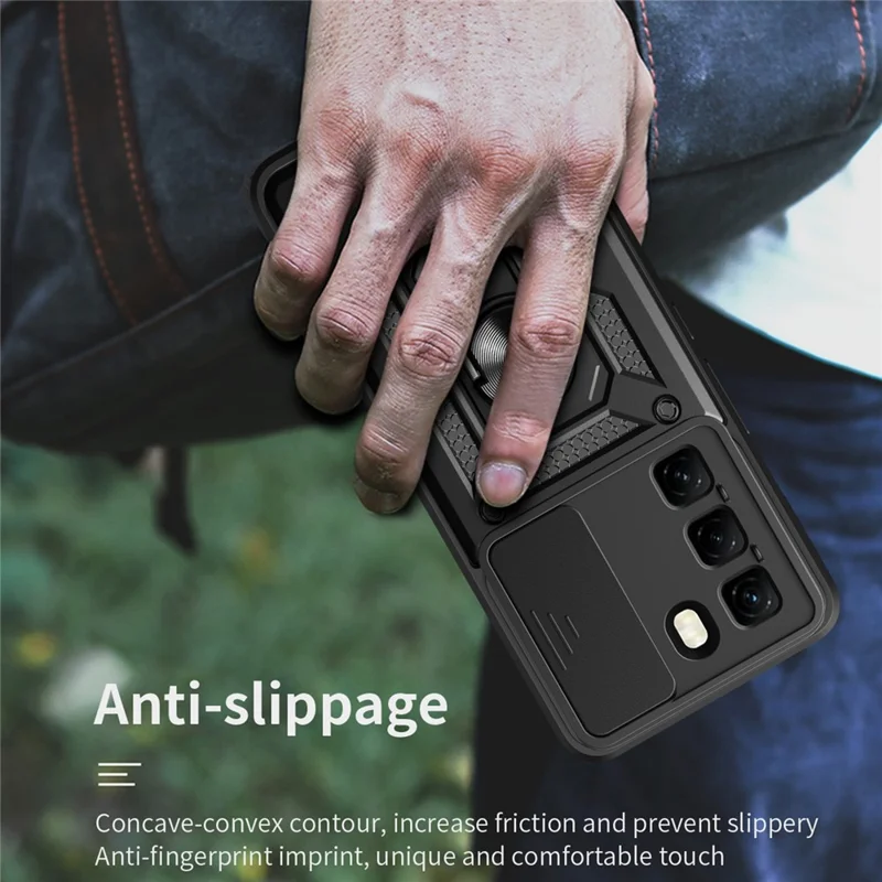 For Infinix Hot 50 4G Case with Slide Camera Lid PC+TPU Kickstand Phone Cover - Silver