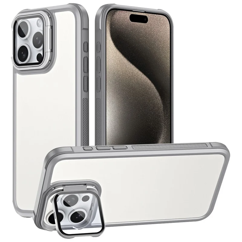For iPhone 15 Pro Max Case with Lens Cover Kickstand Skin-Touch PC+TPU Phone Back Cover - Grey