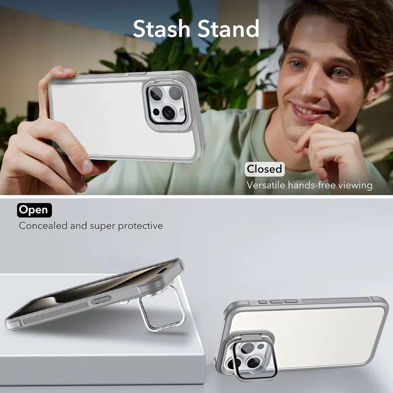 For iPhone 15 Pro Max Case with Lens Cover Kickstand Skin-Touch PC+TPU Phone Back Cover - Grey