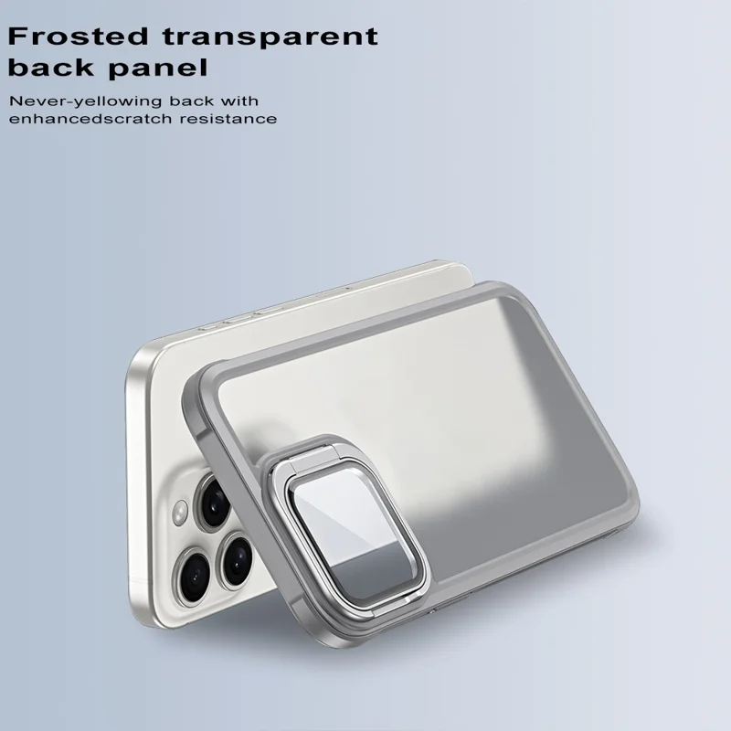 For iPhone 15 Pro Max Case with Lens Cover Kickstand Skin-Touch PC+TPU Phone Back Cover - Grey