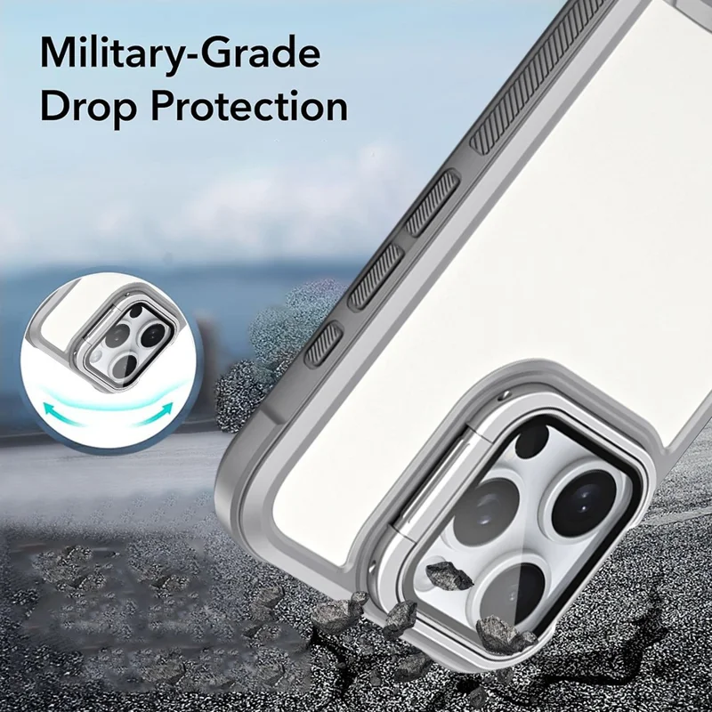 For iPhone 15 Pro Max Case with Lens Cover Kickstand Skin-Touch PC+TPU Phone Back Cover - Grey