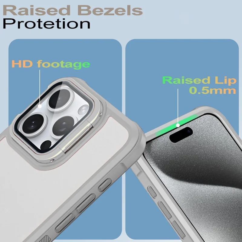For iPhone 15 Pro Max Case with Lens Cover Kickstand Skin-Touch PC+TPU Phone Back Cover - Grey