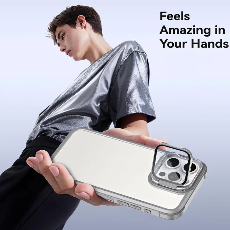 For iPhone 15 Pro Max Case with Lens Cover Kickstand Skin-Touch PC+TPU Phone Back Cover - Grey