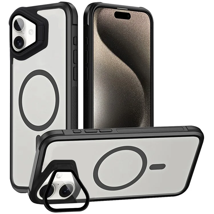 For iPhone 16 Plus Case Compatible with MagSafe Lens Cover Kickstand Matte Back Cover - Black