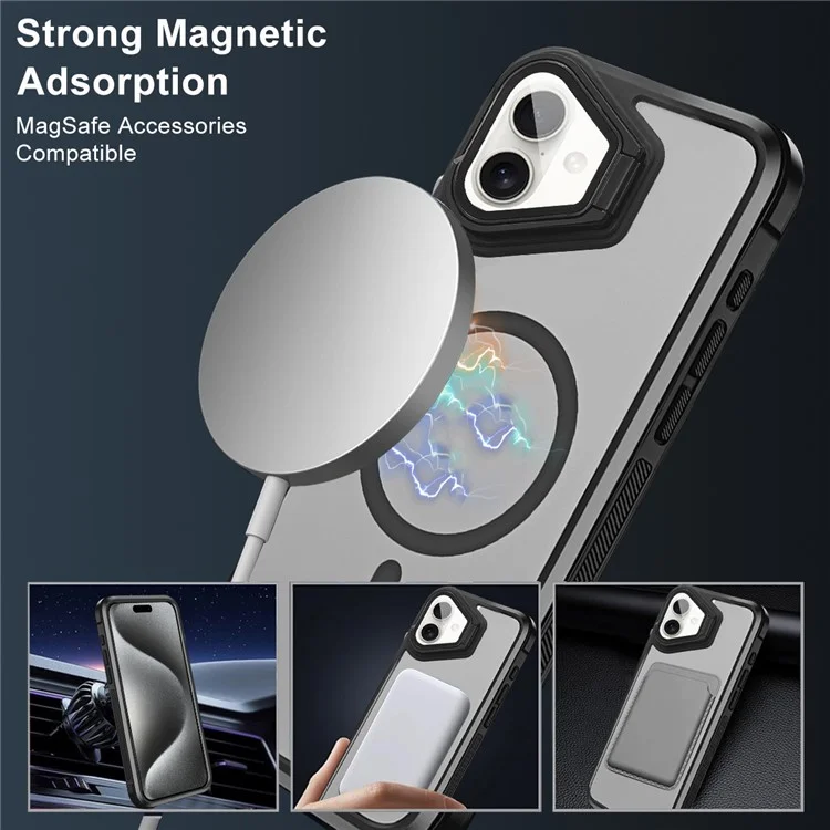 For iPhone 16 Plus Case Compatible with MagSafe Lens Cover Kickstand Matte Back Cover - Black