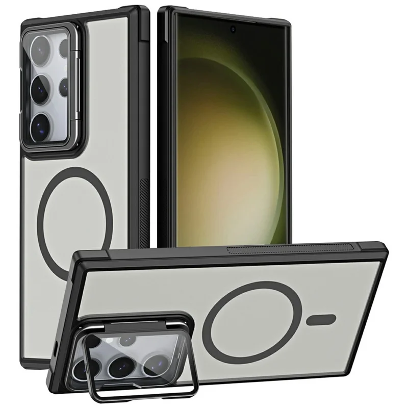 For Samsung Galaxy S23 Ultra Compatible with MagSafe Lens Cover Kickstand Matte Back Cover - Black