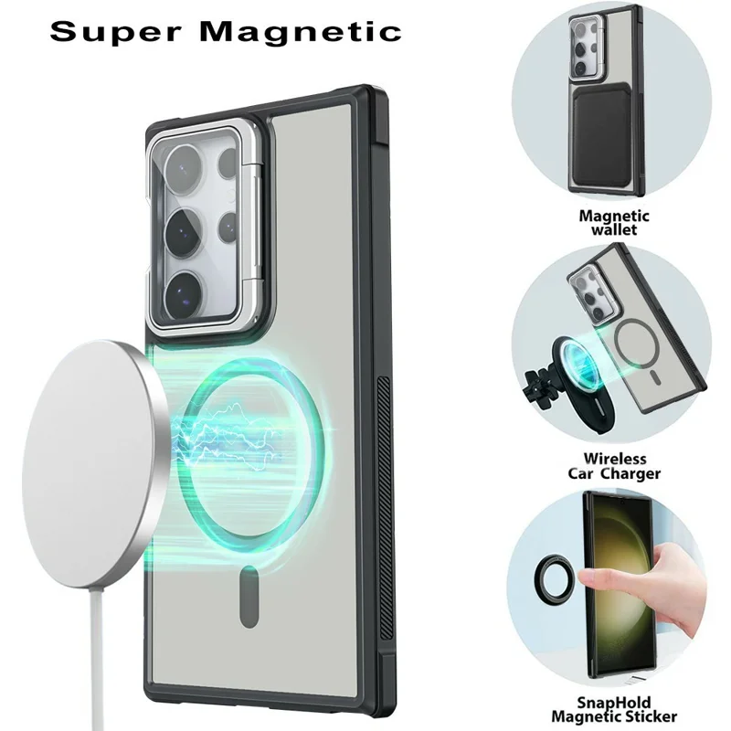 For Samsung Galaxy S23 Ultra Compatible with MagSafe Lens Cover Kickstand Matte Back Cover - Black